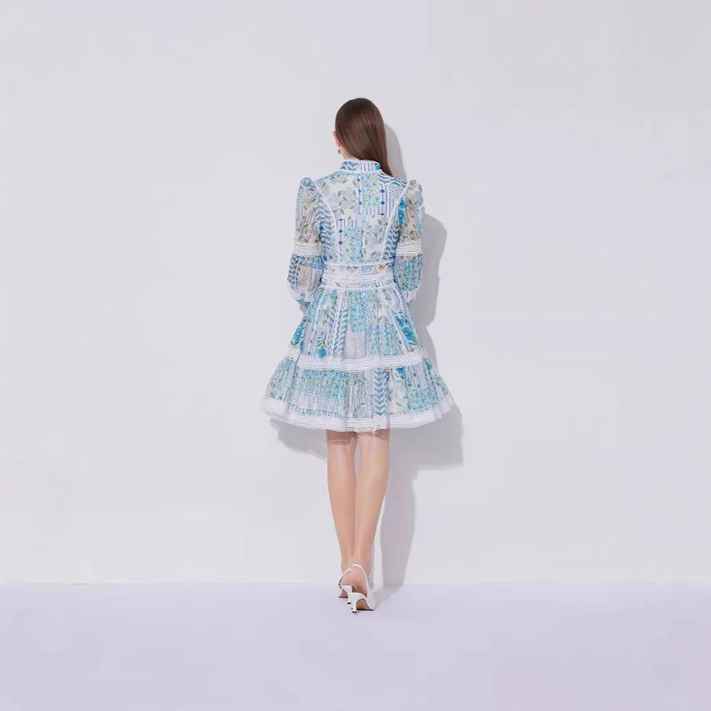 New French Elegant Lace Waist Lantern Sleeve Dress