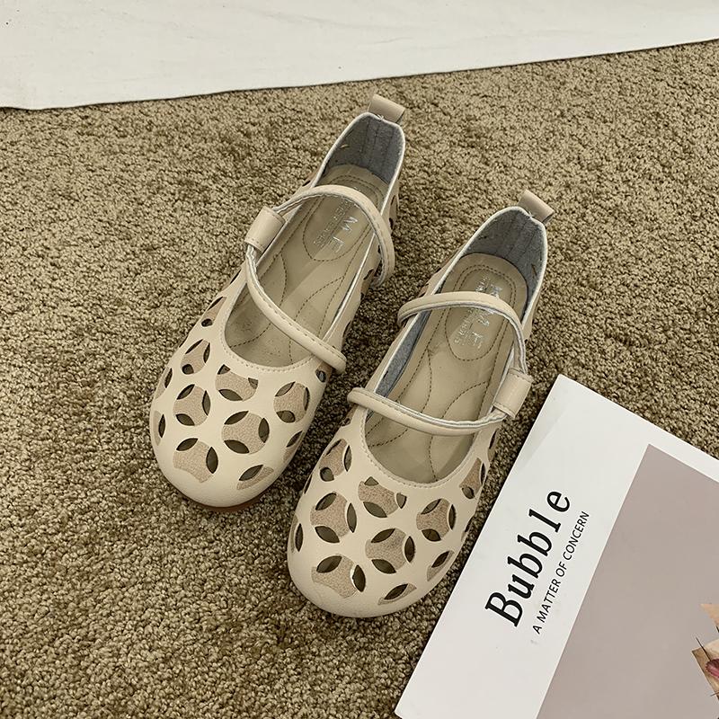 Women Hollow Out Buckle Decor Mary Jane Flats Retro Comfortable Casual Slip On Soft-Sole Loafers Hollow Out Round Toe Ballet