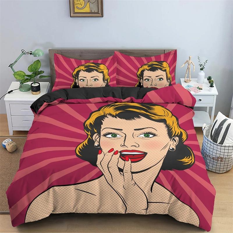 Cartoon Girls Duvet Cover Cute Lipstick Fashion Theme for Women Gifts for Bedroom Decorations with Pillowcase Queen King Size