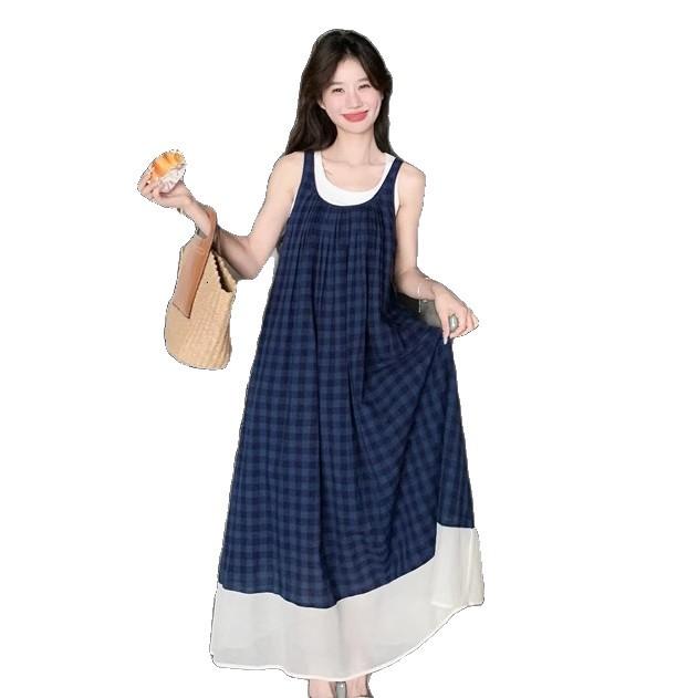 Blue plaid sleeveless dress French literary style Mori retro small fresh holiday suspender vest long dress