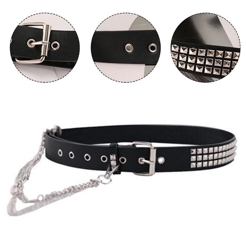 Pin Buckle Waist Belt for Dress Western Style Belt with Alloy Rivet & Dangle Chain Wide Waist Belt Ladies Skirt Belt