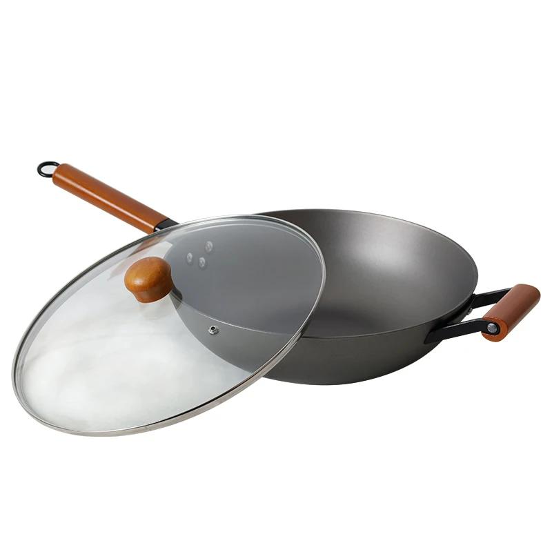 Hot sale Not Easy to Rust Lightweight 32cm Cast Iron Wok Traditional Wok Pan Anti-corrosion Non-Stick with Glass Cover for Resta