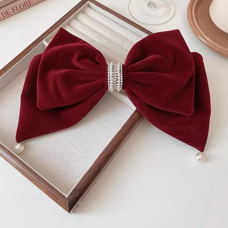 

Новые черные заколки для волос с большим бантом из красного бархата, элегантные заколки для волос с имитацией жемчуга и кристаллами для женщин, заколки-автоматы для хвостика, аксессуары для волос