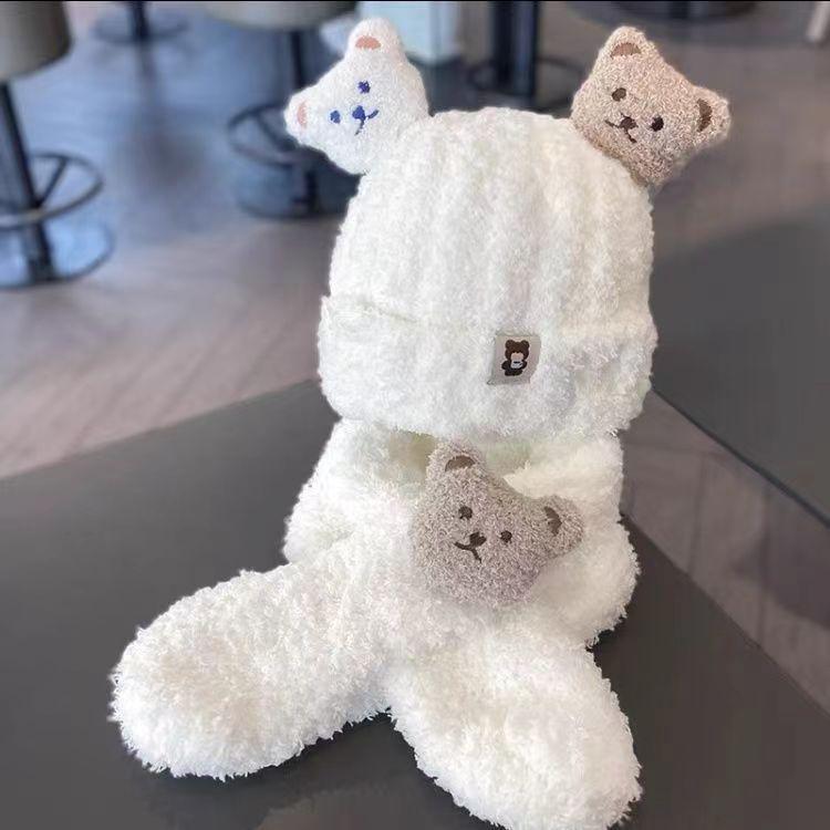 Baby hat autumn and winter plush scarf two-piece set baby boy and girl bear cute warm thickened toddler hat