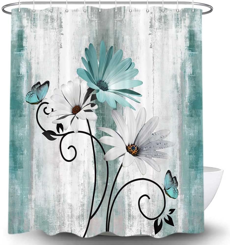 Rustic Teal Daisy Floral Shower Curtain with Butterfly, Farmhouse Country Wooden Style, Waterproof Decor