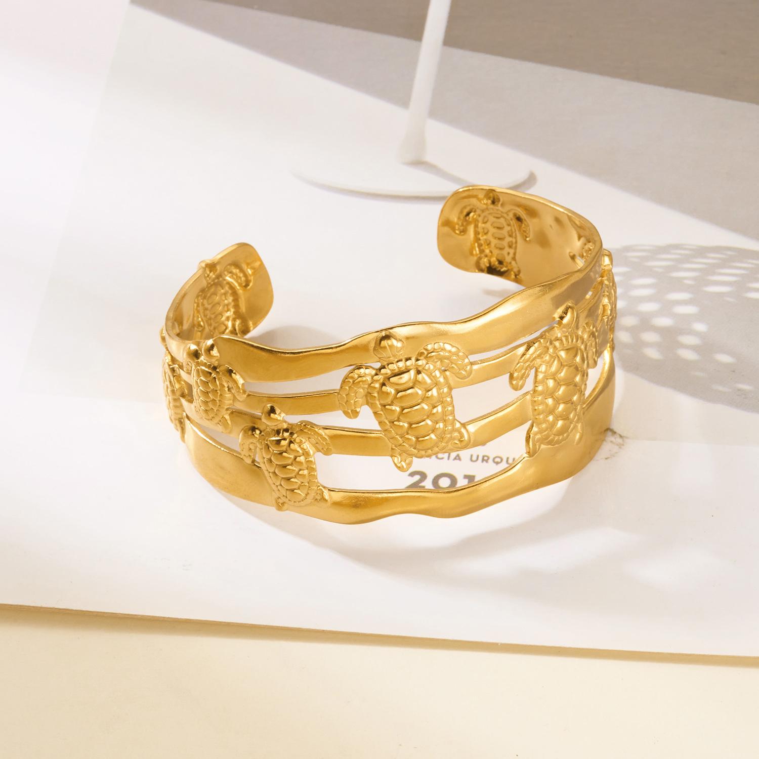 

Irregular Geometic Stainless Steel Cuff Bracelet Women s Waterproof Sea Turtle Cutout Wave Wide Arm Bracelet Beach Jewelry Gift