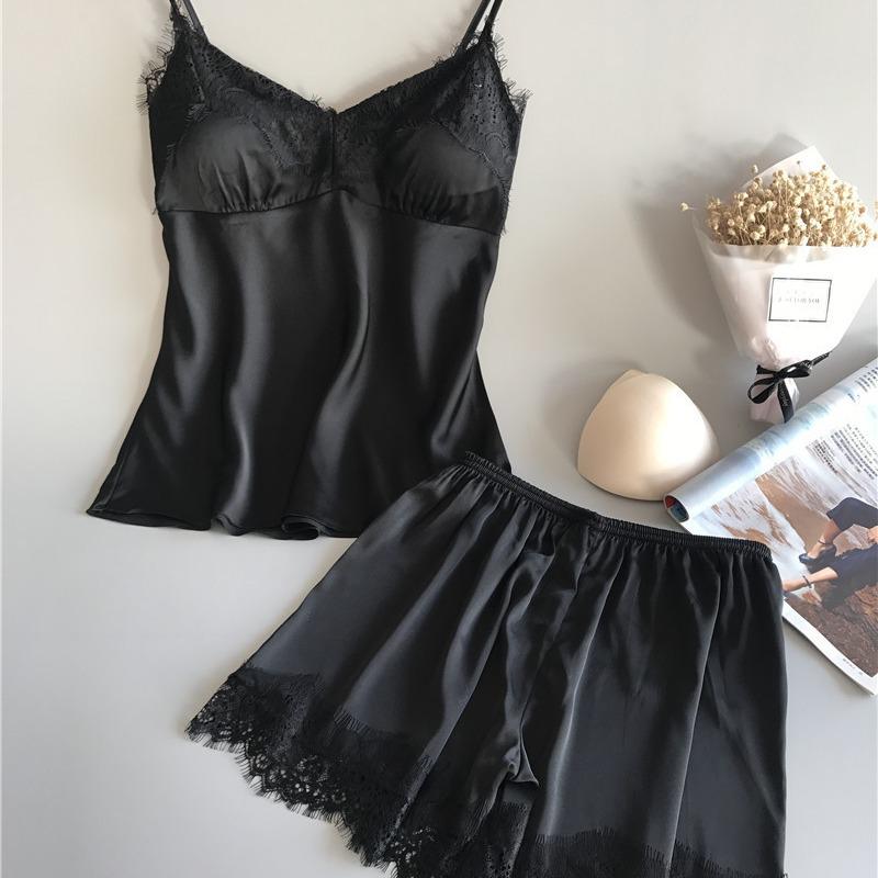 2019 Women's Sexy Summer Ice Silk Suspender Pajamas Set with Shorts - Plus Size Thin Homewear