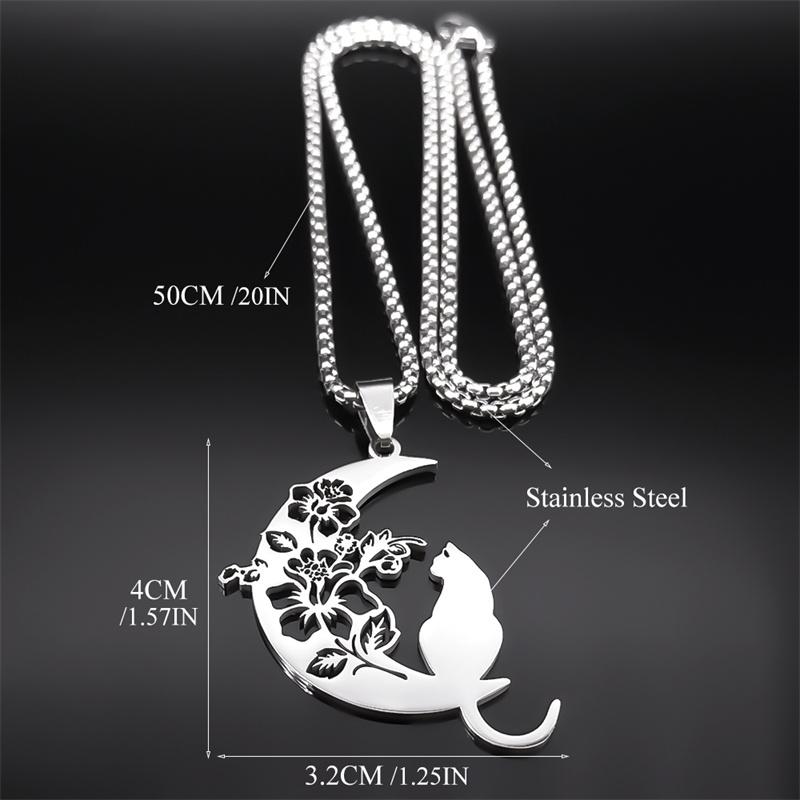 Aesthetic Cat Flower Moon Crescent Necklace for Women Men Stainless Steel Silver Color Bohemia Chain Gift Jewelry Collar 3220