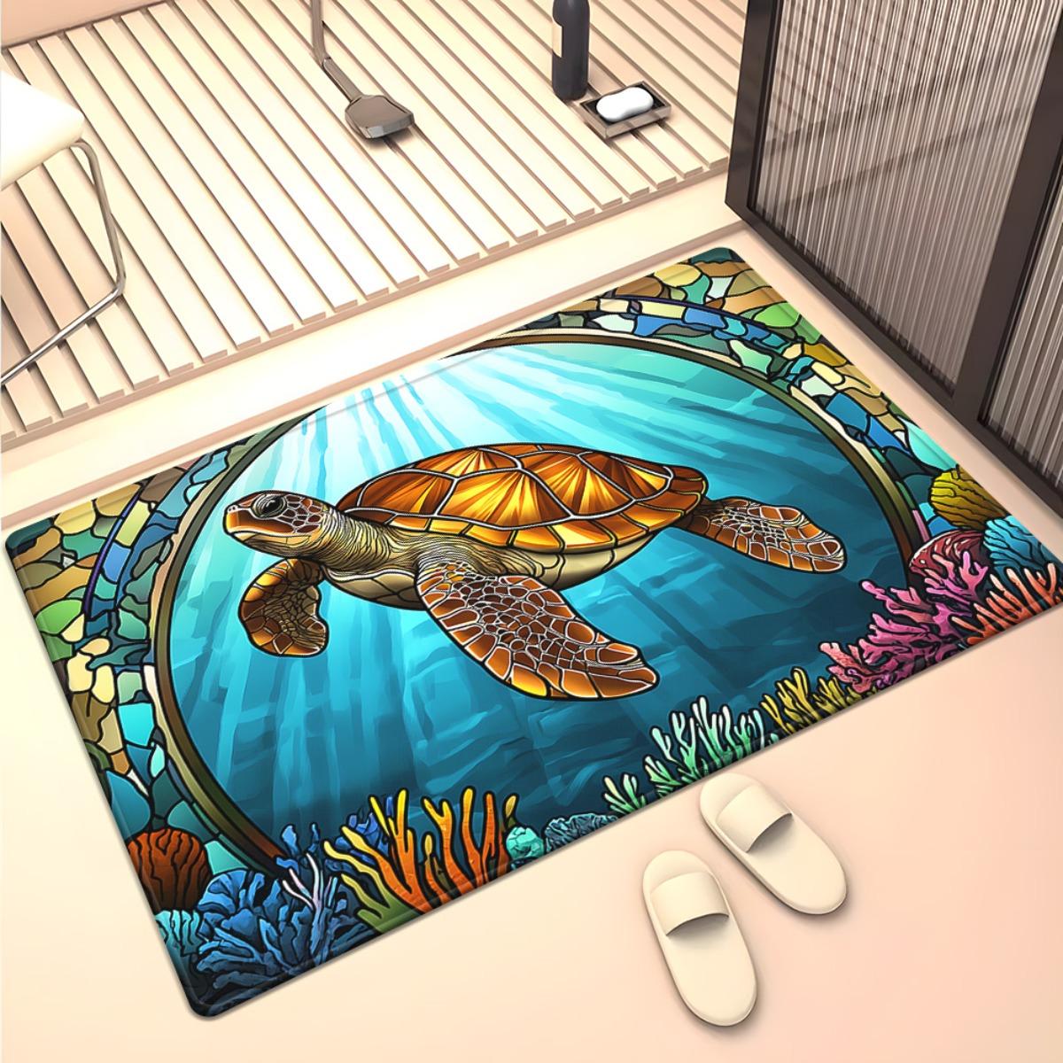 

Sea turtle stained glass rug ocean underwater coral reef design marine life carpet for beach house living room decor 50x 80cm