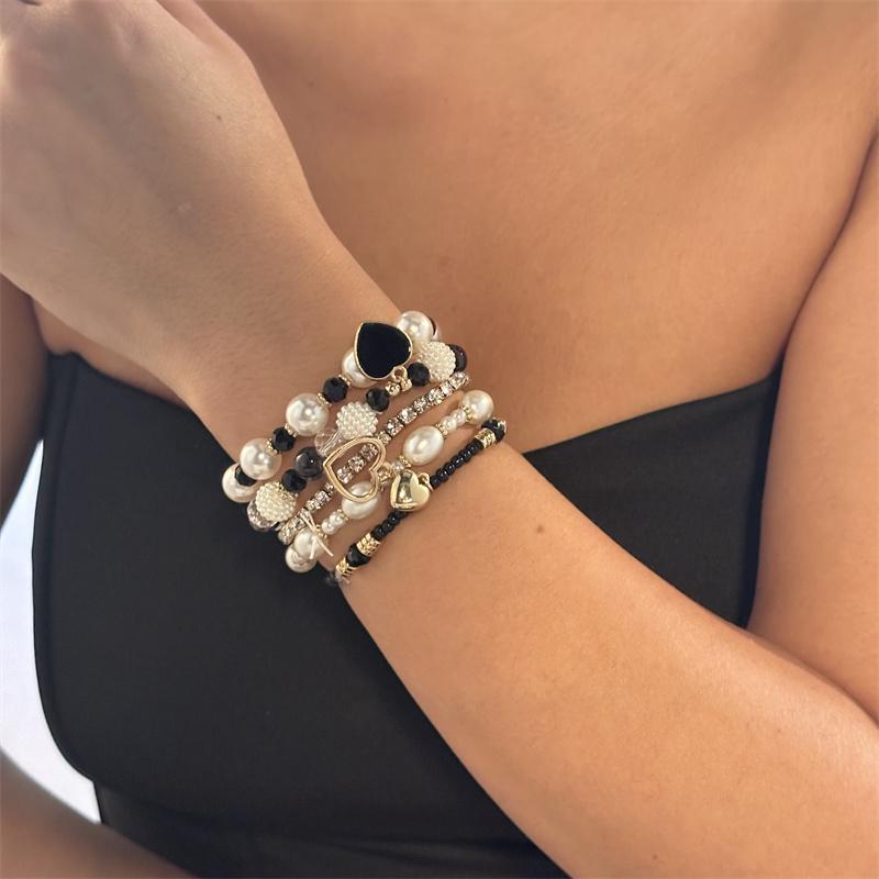 6Pcs Cute Bowknot Heart Bracelet Set For Women Pink Acrylic Beads Imitation Pearl Elastic Bangles Girl Party Daily Sweet Jewelry