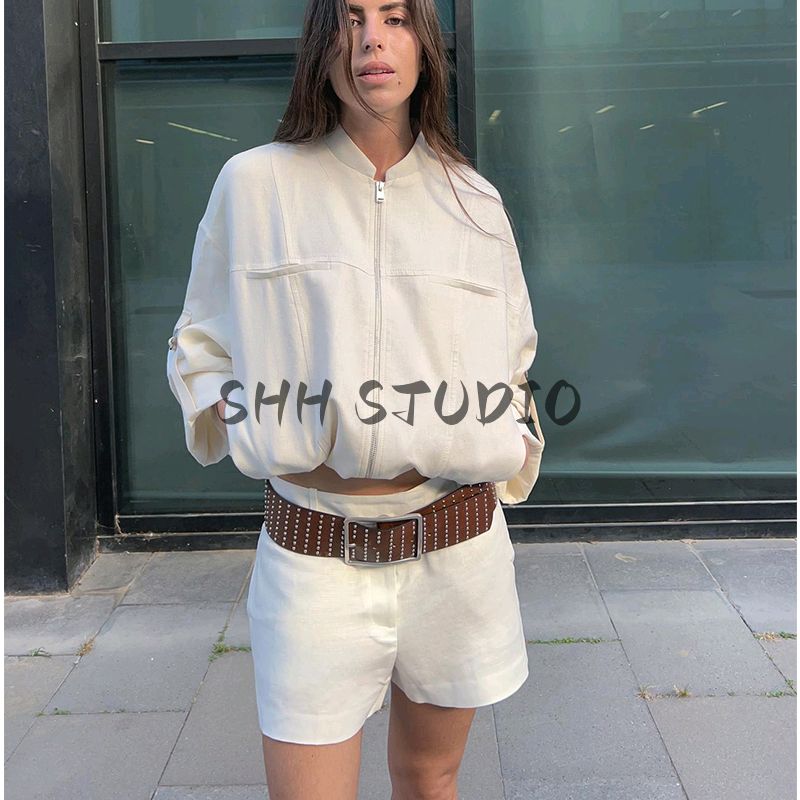Summer New Product Women's Clothes Minimalist Stand Collar Long Sleeves Linen Blended Roll-up Sleeve Jacket Outwear 3653724
