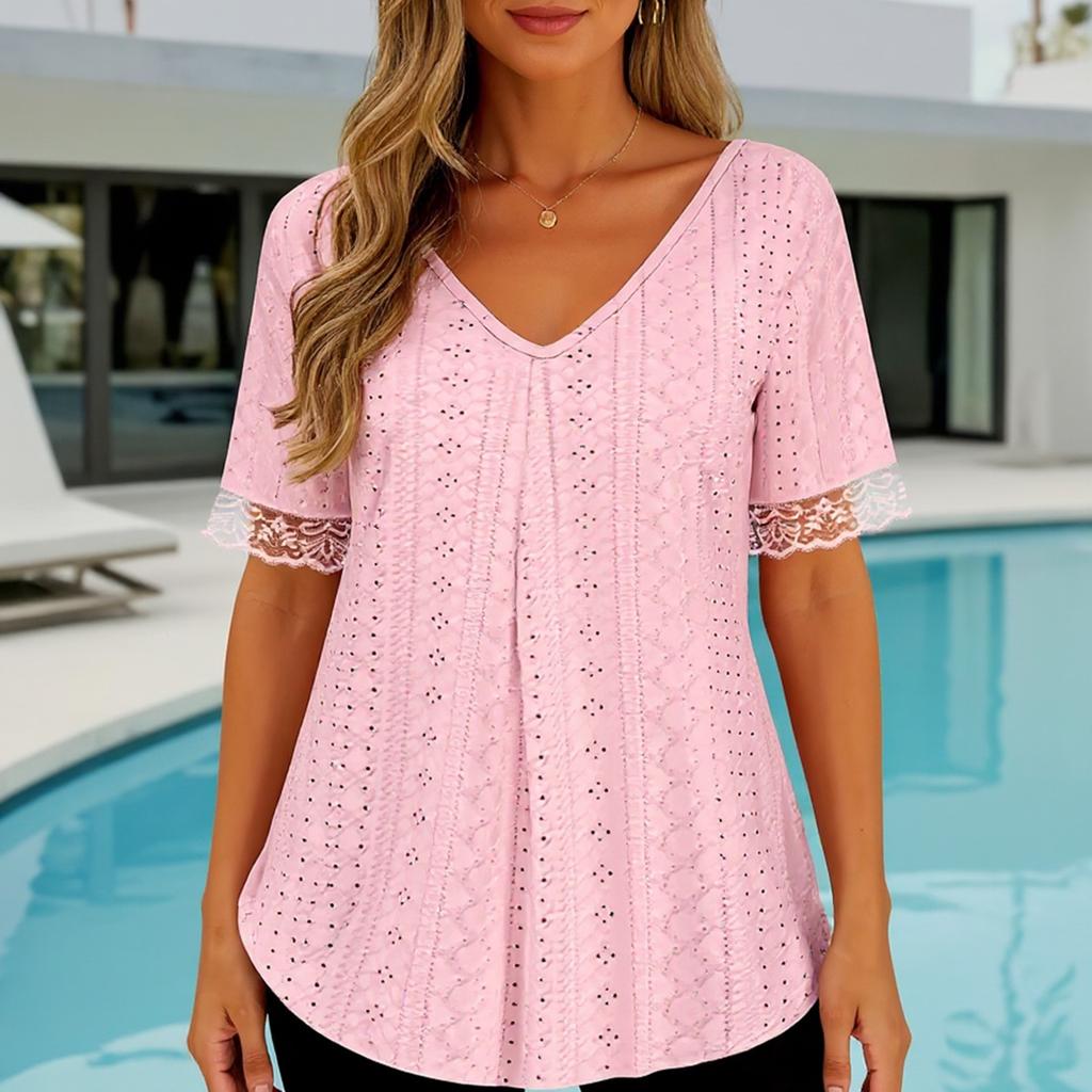 Women's Solid Color V-neck Loose Short Sleeved Pleated T-shirt Top