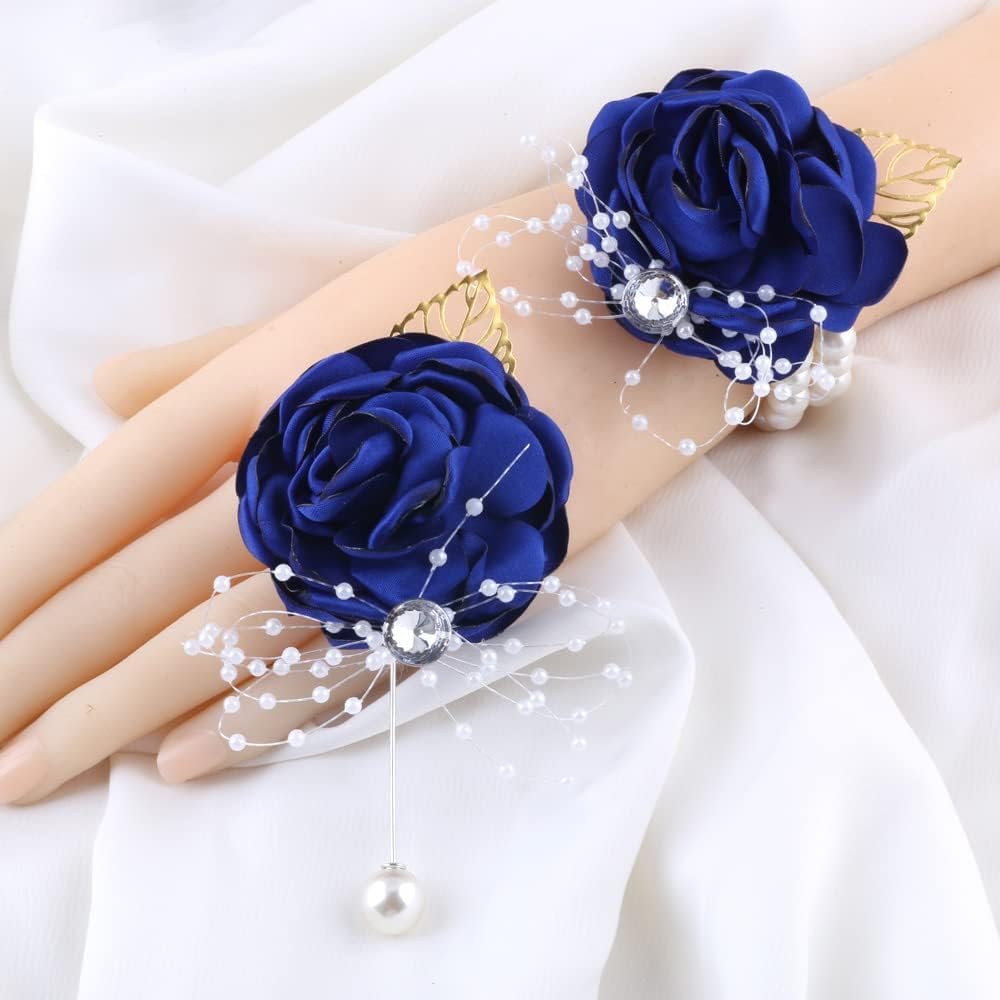 WANLIAN Blue Bridesmaid Wrist Corsage Wedding Flowers Prom Rose Corsage and Boutonniere Set for Wedding Party Prom Wedding Ceremony Anniversary Set