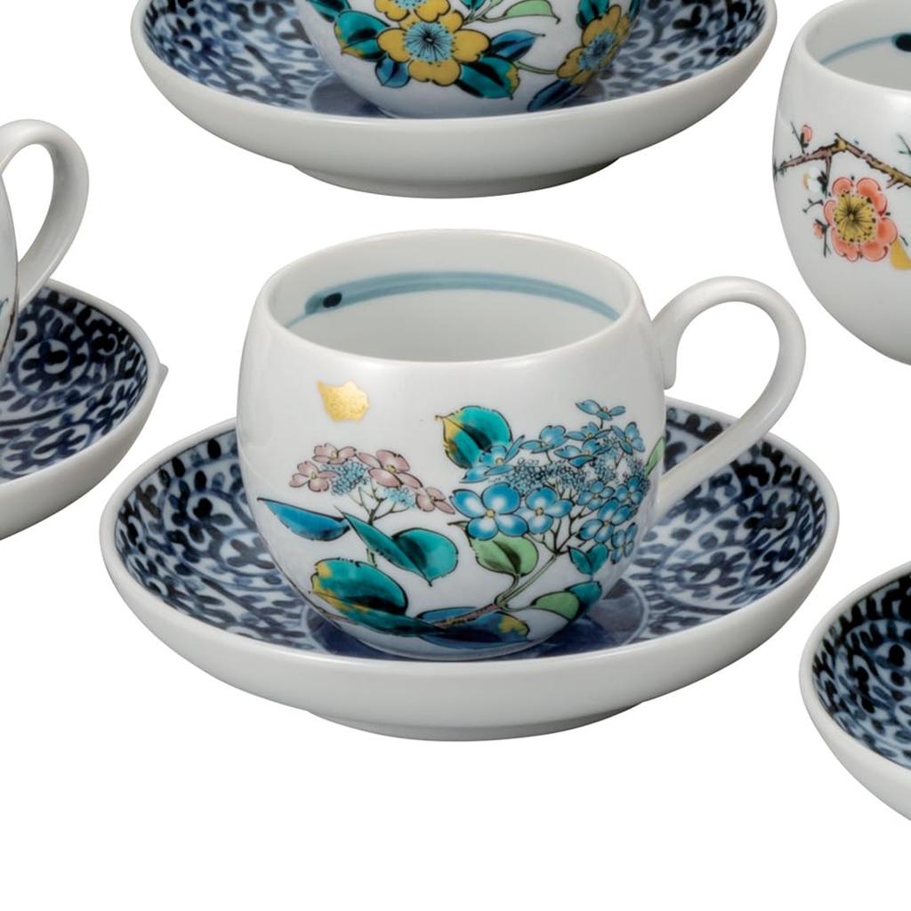 Kutani ware Iwataya coffee set with floral pattern, K8-1023