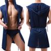Men's Hooded Sleeveless Thin Silk Bathrobe, European Style, Six Colors Available, Does Not Include Underwear
