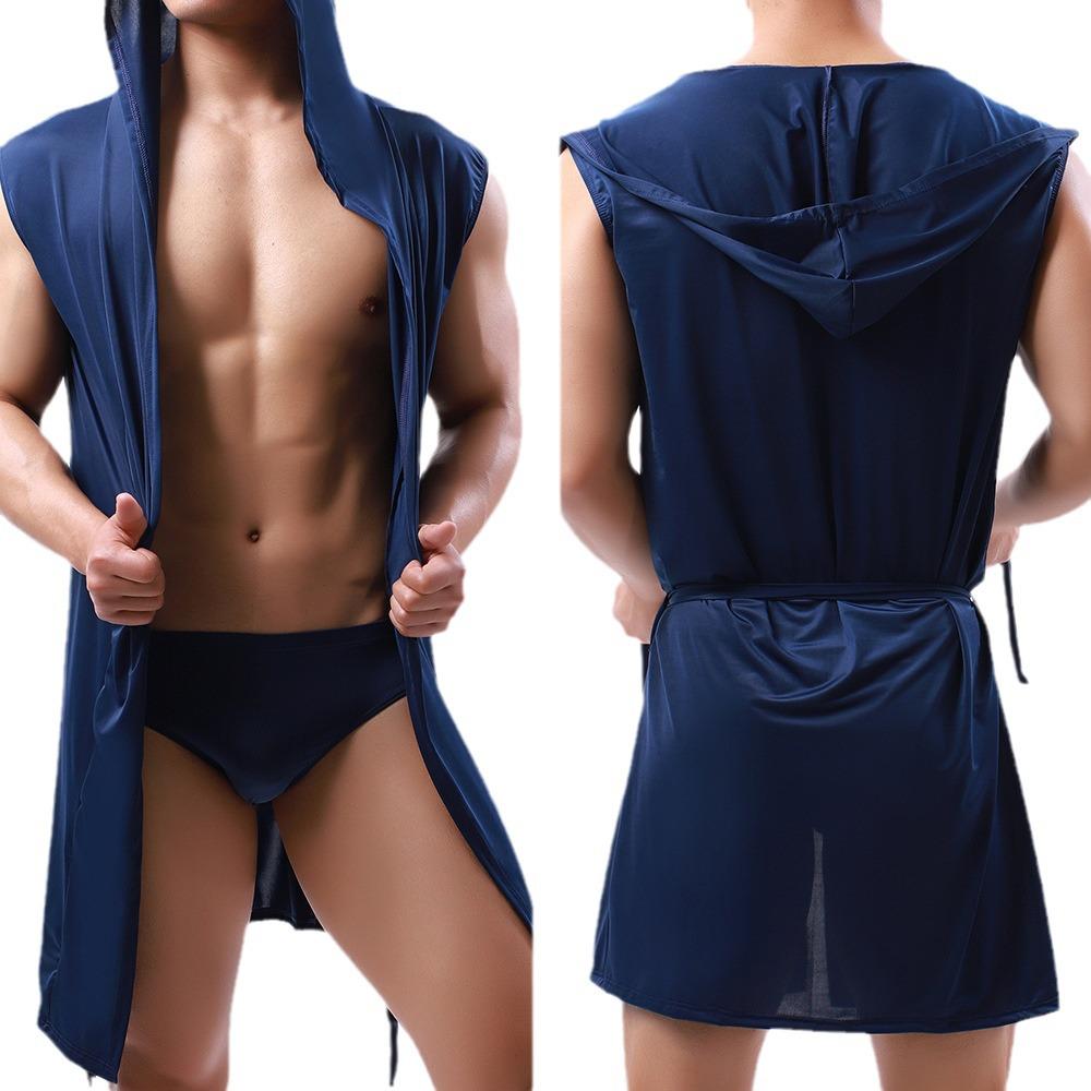 Men's Hooded Sleeveless Thin Silk Bathrobe, European Style, Six Colors Available, Does Not Include Underwear