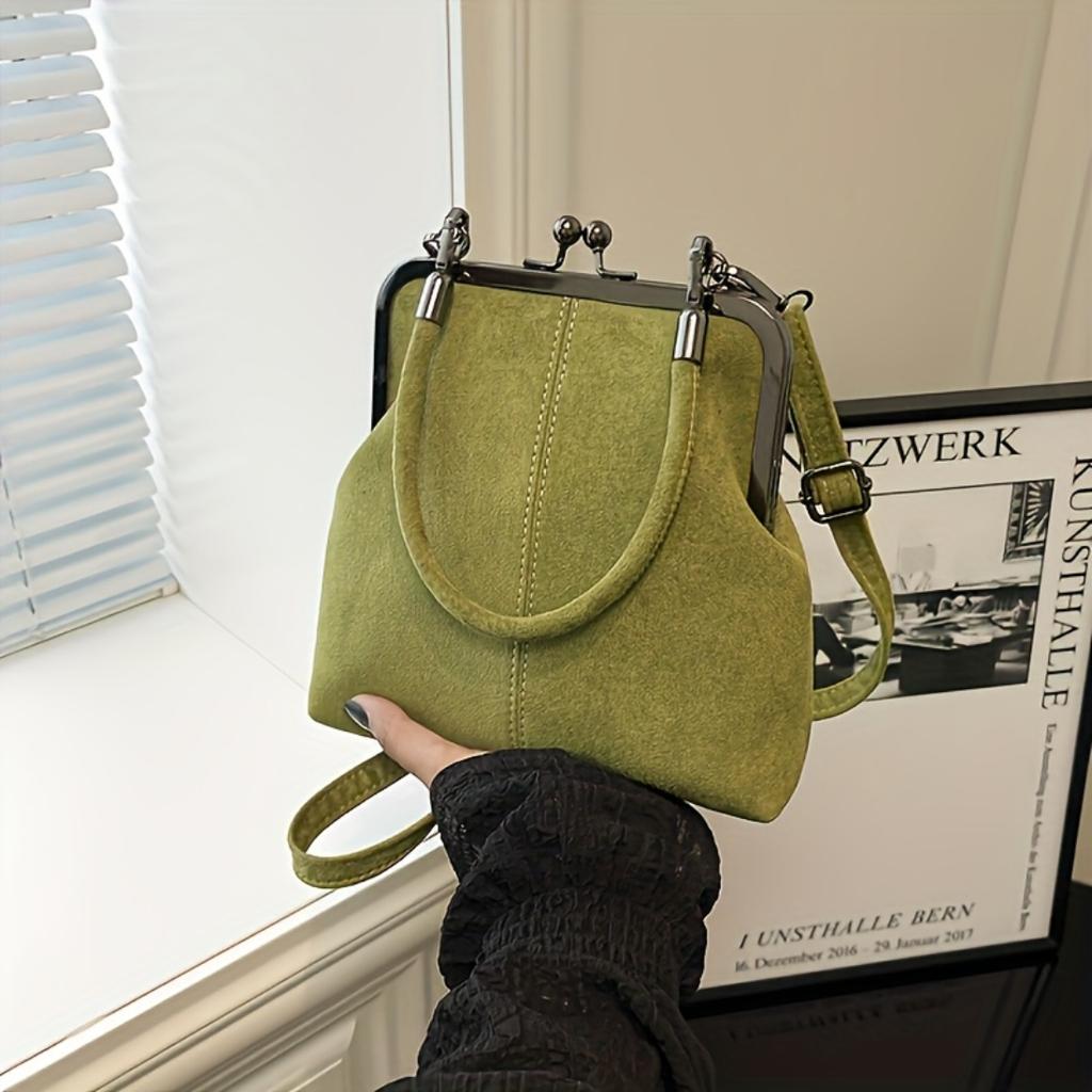 Vintage Color Block Faux Leather Crossbody Handbag,Kiss Lock Purse With Adjustable Strap,Polyester Lining Lightweight City Bag For Daily Use Gifts