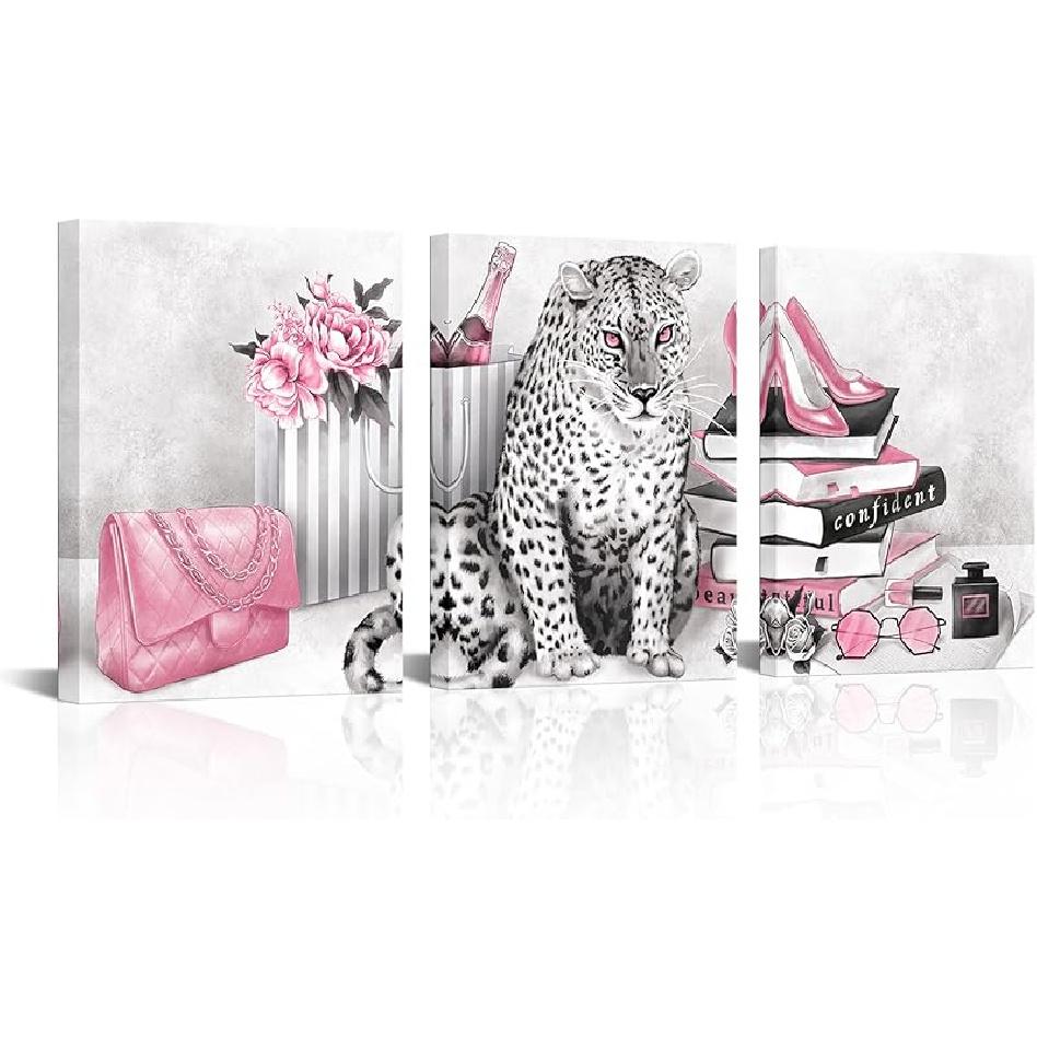 Visual Art Decor Glam Fashion Picture Pink Blush Wall Art Leopard Books High Heel Shoes Perfume Canvas Prints for Modern Home Office Woman Girl 12x16inx3 Pieces