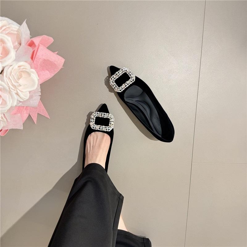 Rhinestone Buckle Luxury Block Heel Flats French Pointed Toe Women Banquet Slip On Loafers