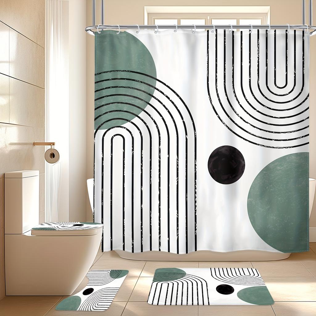 4-Piece Set of Medieval Line Arched Round Simple Geometric Art Aesthetic Shower Curtain, Non-Slip Mat, U-Shaped Mat