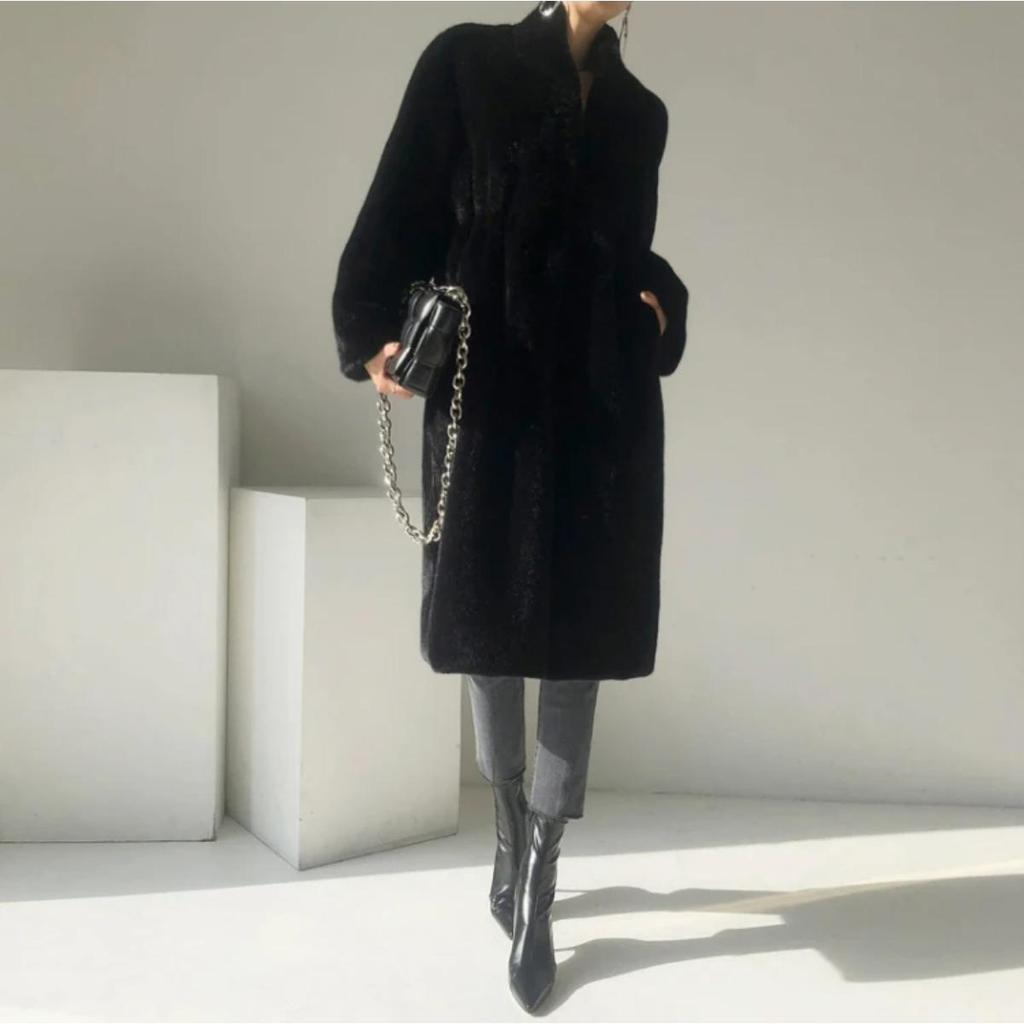 Winter Lang Schwarz Luxuriös Elegant Stilvoll Dick Warm Flauschig Zottelig Weich Faux Nerz Pelzmantel Damen Stehkragen Schärpen