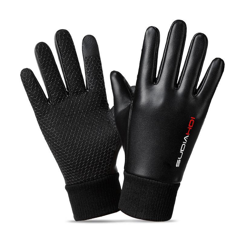 

Winter leather warm gloves velvet men s non-slip dew finger windproof and water-proof touch screen photo cold-proof flip protection one size fits all