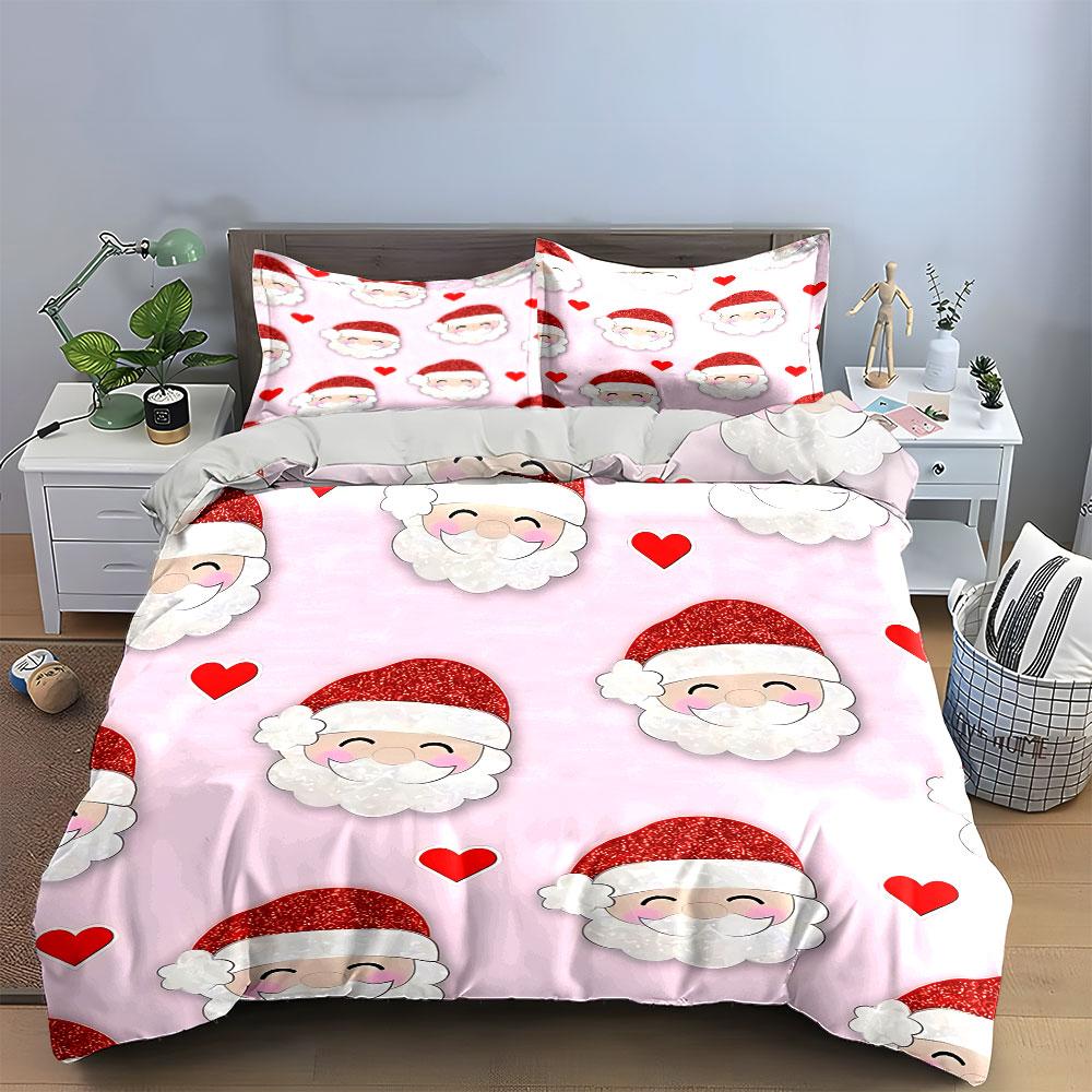 Smiling Santa and Hearts Print Bedding Duvet Cover Set Duvet Cover Pillowcases  (1*Duvet Cover 2*Pillowcases, Without Duvet Insert)