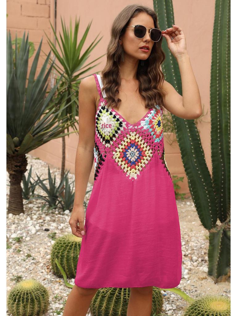 Etnický styl Dámské smíšené barvy Ručně háčkované Patchwork Špagetová ramínka Výřezy Plážové zakrývací šaty