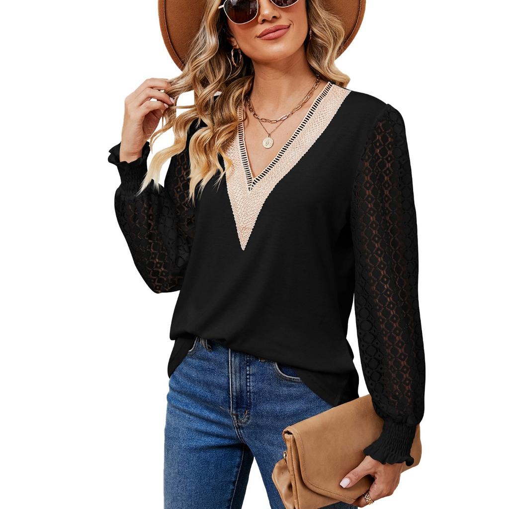 Fall Winter New Women's V-Neck Lace Splicing Loose Long Sleeve T-Shirt Top, Cross-Border Casual Tops for Women