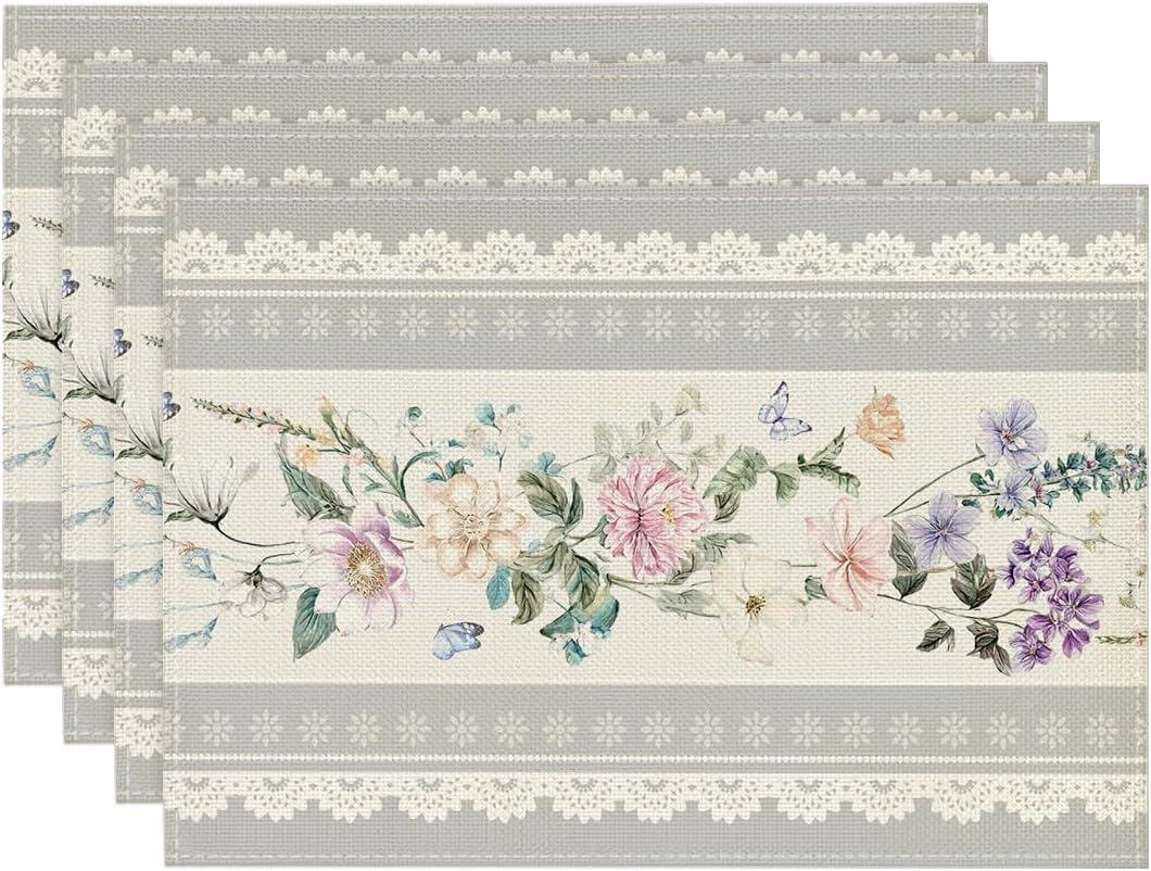 4/6/8pc Vintage Lace Placemat Set, French Country Pink Floral Printed Linen Table Mats for Dining Room 4pcs