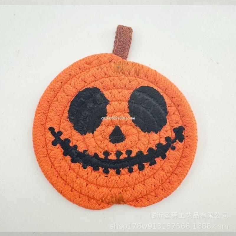 1Pcs Halloween Pumpkin Coaster Orange Pumpkins Absorbent Cup Coasters Woven Pumpkin Drink Cup Pad Mats Heat Resistant Drink
