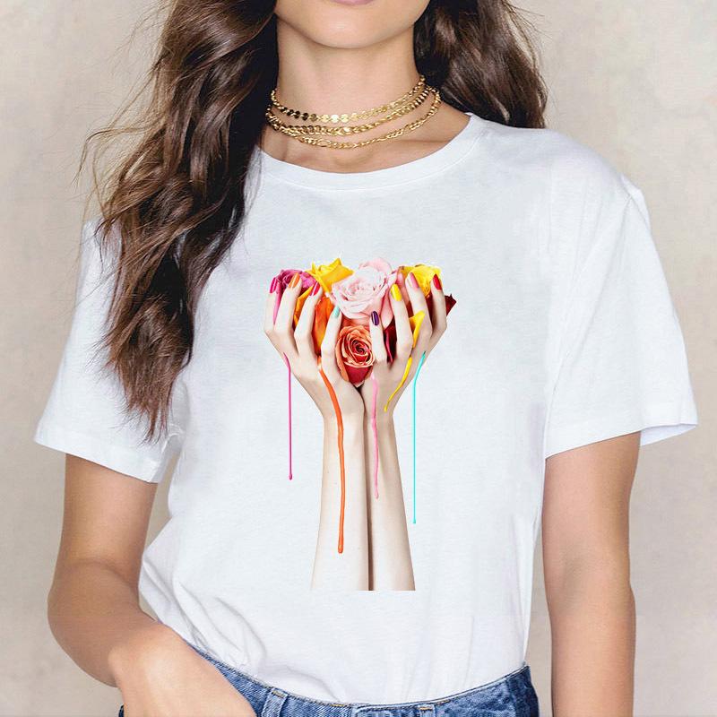 Kpop Fashion Cosmetics 3D Nail Polish Print Tees Women Y2K Tops Summer White Loose Short Sleeve O-Neck Female T-Shirts Blouses