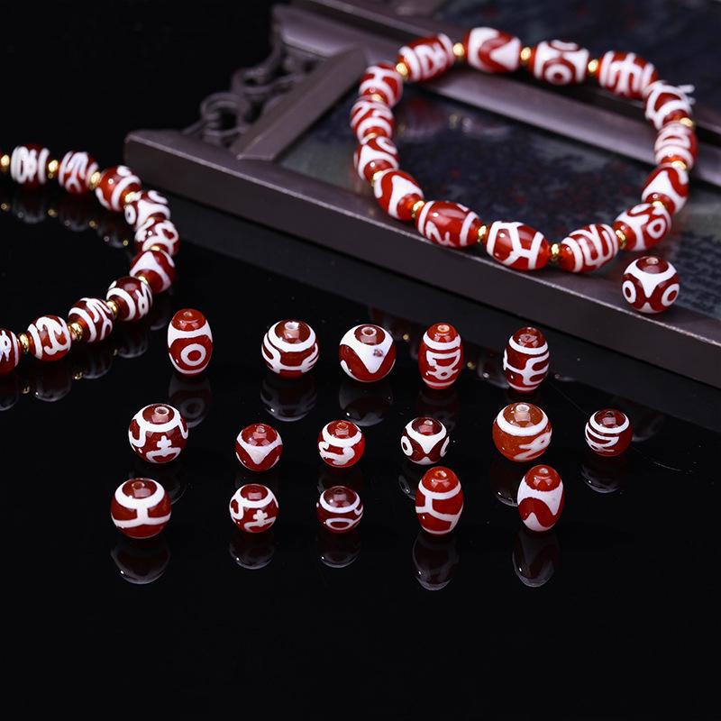 Tibetan Agate Honghong Meat Round Swastika Dzi Beads, Antiqued Weathered Texture for DIY Bracelets & Necklaces