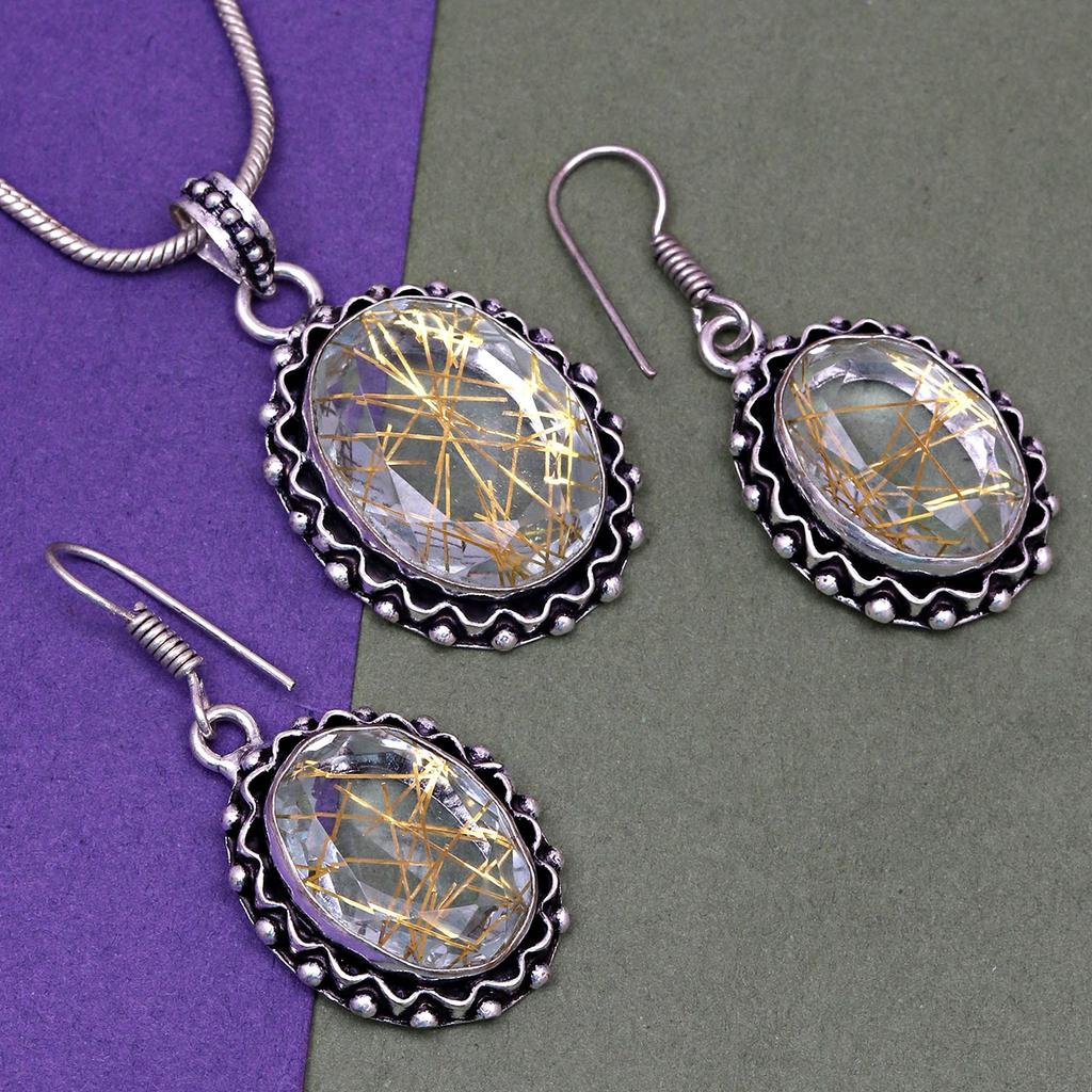 Rutile  Golden Set Earring Jewelry 18-20'' Pendant Quartz Sterling