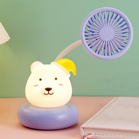 Cartoon Animal Night Light Fan with Flexible Neck USB Rechargeable Bedside Light Desk Fan Low Noise Cooling Fan with Night Lamp