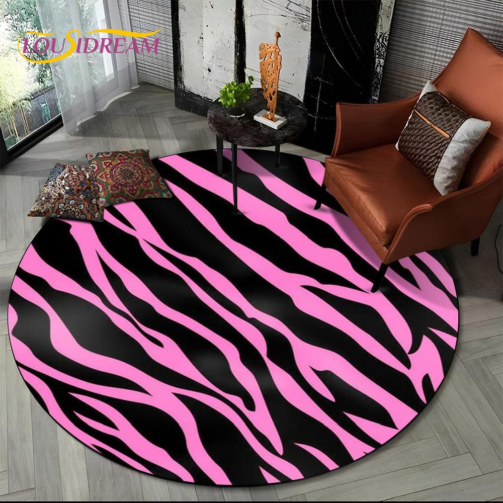 3D Barevný Pruhovaný Vzor Zebra Kulatý Koberec pro Obývací Pokoj, Ložnici, Dětský Herní Koutek Dekor, Protiskluzová Podložka do Zóny pro Domácí Mazlíčky