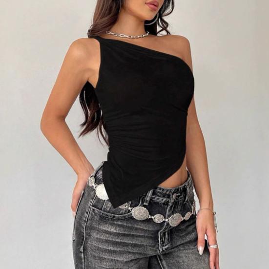Women Tops Irregular Hem Elastic Slanted Collar One-Shoulder Slim Fit Solid Color Summer Tops