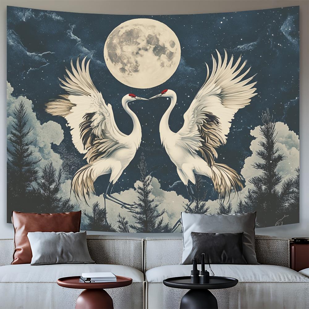 Elegant Red-Crowned Crane & Moon Tapestry | Luxurious Polyester Wall Hanging with Pine Forest Design | Perfect for Living Room