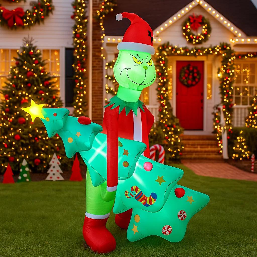 6,8FT Buiten Kerstversiering Grinch Houdt Kerstboom Opblaasbare Kerstdecoratie Xma Tuin Feest Ornamenten Licht Huis Speelgoed AU