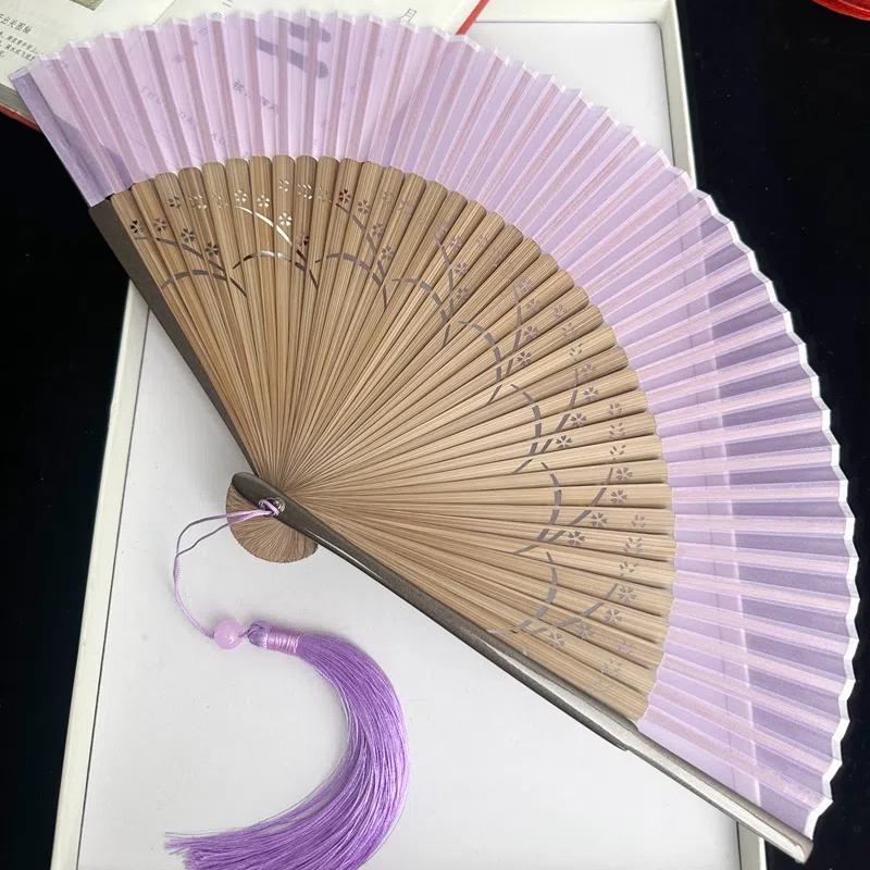 Vintage Antique Folding Fan Bamboo Ribs Carved Hollow Women Gilr Hanfu Cheongsam Performance Dance Fan Summer Portable Hand Fan
