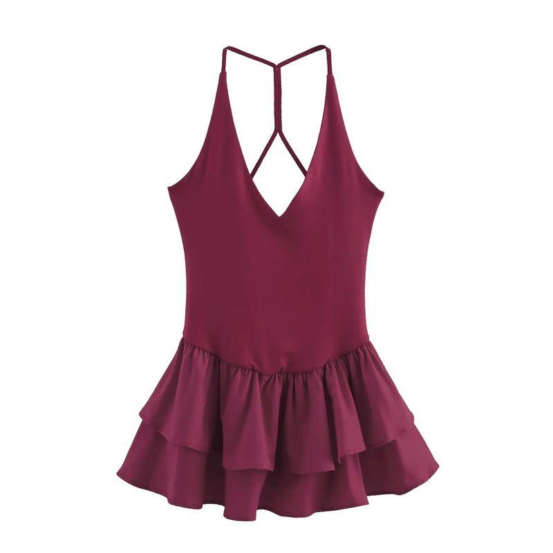 Spring and Summer Women Clothes Laminated Decorative Hem Patchwork Hanging Collar Fashion Sleeveless Short Dress 4174376