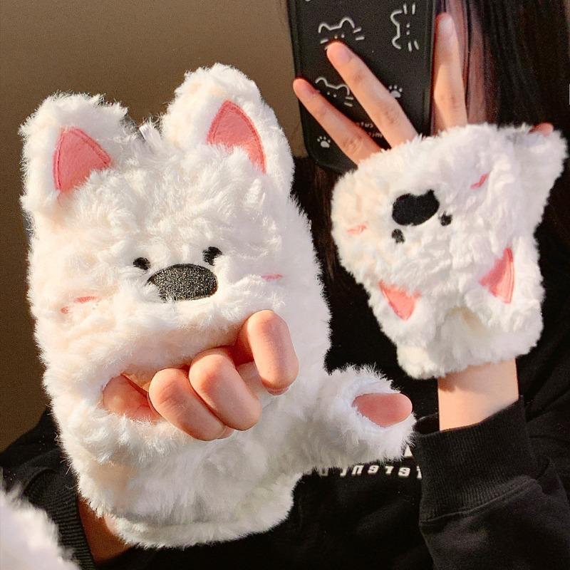 Cute West Highland Plush Flip Finger Gloves Women's Winter Warm Student Writing Anti-Freeze New