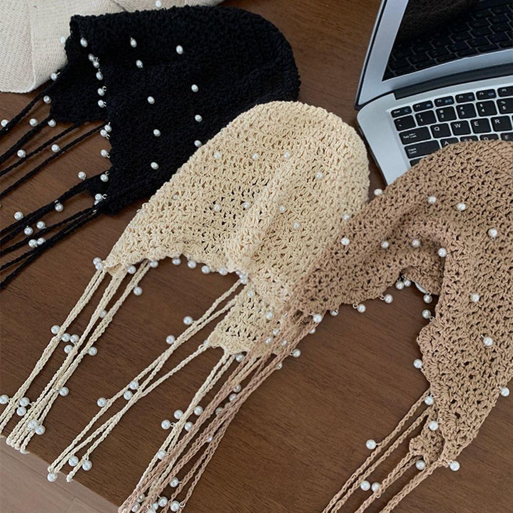 Hollow Out Hollow Pearl Tassels Knitted Hat Crochet Flower Ethnic Style Hat Cute Knit Cap Girls