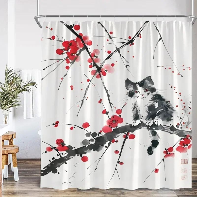 Ink Painting Shower Curtain Chinese Asian Style Cherry Blossom Japanese Woman Classical Bathroom Decor Polyester Bath Curtain