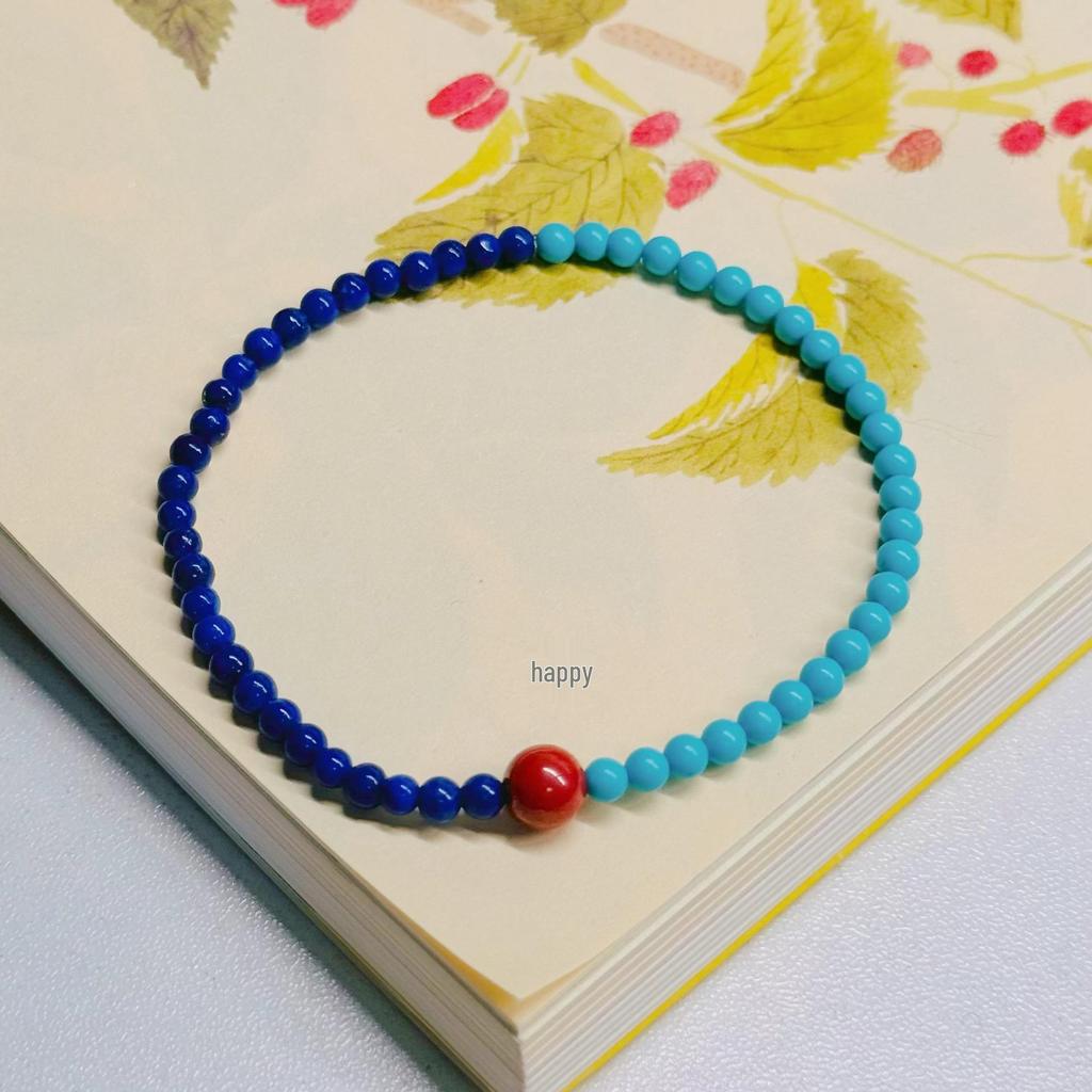 Natural Lapis Lazuli & Nanhong Single-Circle Emperor Sand Bead Bracelet with Aquamarine - Women's High-End Retro Style