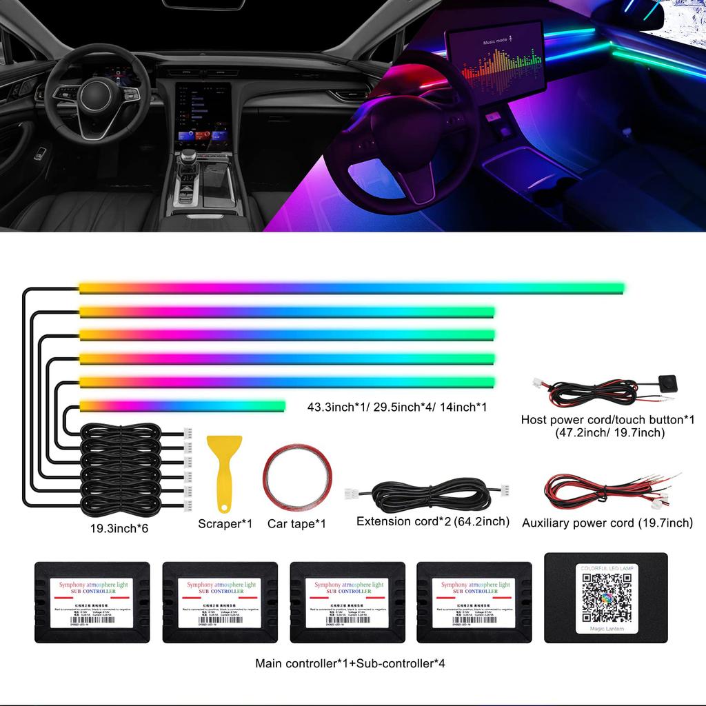 Dreamcolor Akryl Interiør Bil LED Strip Lys med APP 18 i 1 Neon Fiberoptiske Stripelys for Bil Ambient Lyssett