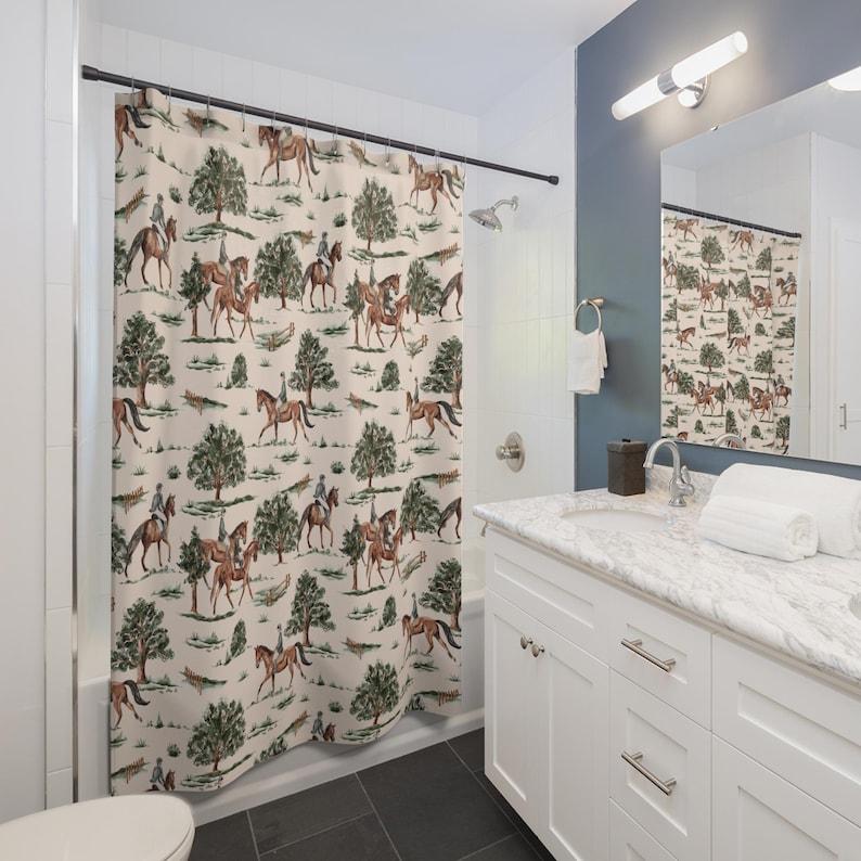 

Equestrian Shower Curtain, Horse Lovers Bathroom Decor, Horse Riding Scene, Nature-Inspired Shower Curtain with Horses and Trees W90xH180cm