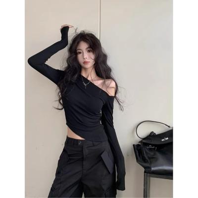 Frühling Herbst Neu Sexy One-Shoulder Unregelmäßiges Langarm-T-Shirt Damen Slim Schrägschulter Top Damen