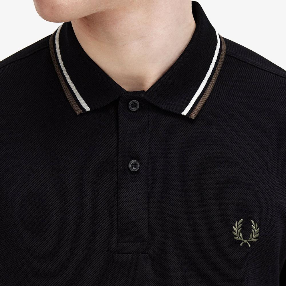 Fred Perry [M3636] Long Sleeve Twin Tip Fred Perry Shirt - Black/Ecru/Laurel Green Afpm2433636-W54