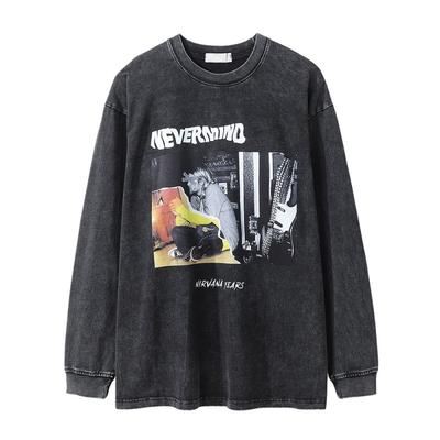 Mens Oversized Streetwear Long Sleeve Tee With Vintage Washed Graphic Print Cotton Crewneck T-Shirt